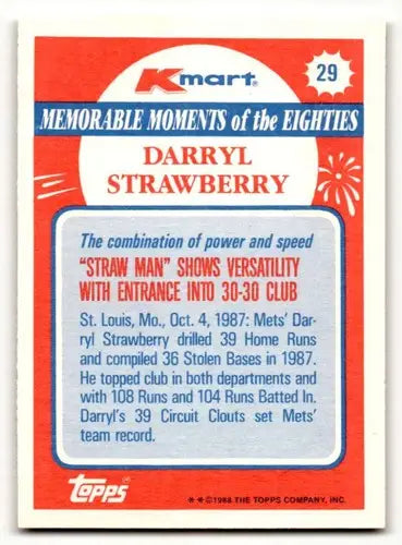1988 Topps Kmart Memorable Moments #29 Darryl Strawberry New York Me ID:63199 - Baseball Card Single