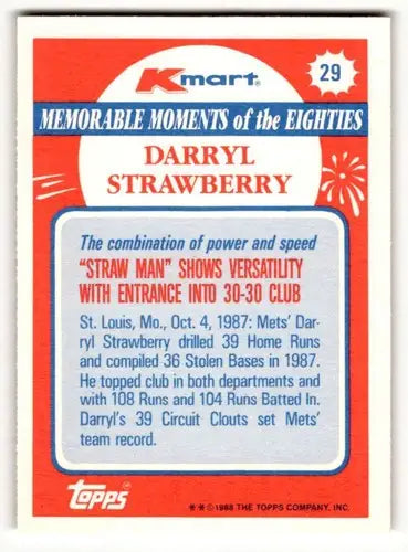 1988 Topps Kmart Memorable Moments #29 Darryl Strawberry NM ID:50248 - Baseball Card Single