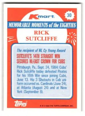 1988 Topps Kmart Memorable Moments #30 Rick Sutcliffe - Baseball Card Single