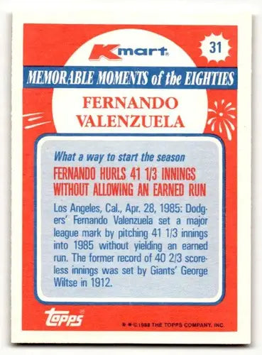 Baseball card back from 1988 Topps Kmart Memorable Moments featuring Fernando Valenzuela