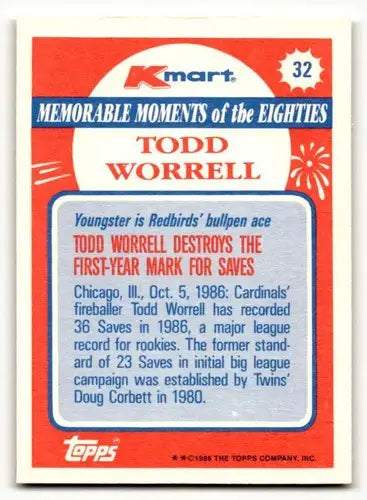 Original gloss 1988 Topps Kmart Memorable Moments Todd Worrell baseball card