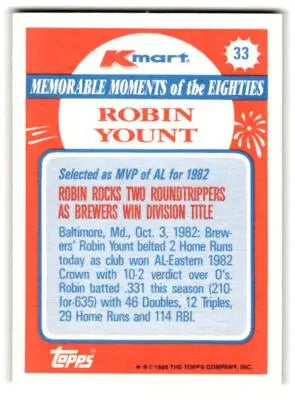 1988 Topps Kmart Memorable Moments #33 Robin Yount - Baseball Card Single
