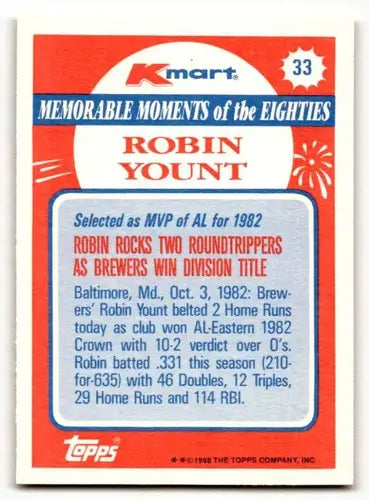 1988 Topps Kmart Robin Yount baseball card with original gloss Milwaukee Brewers ID63212