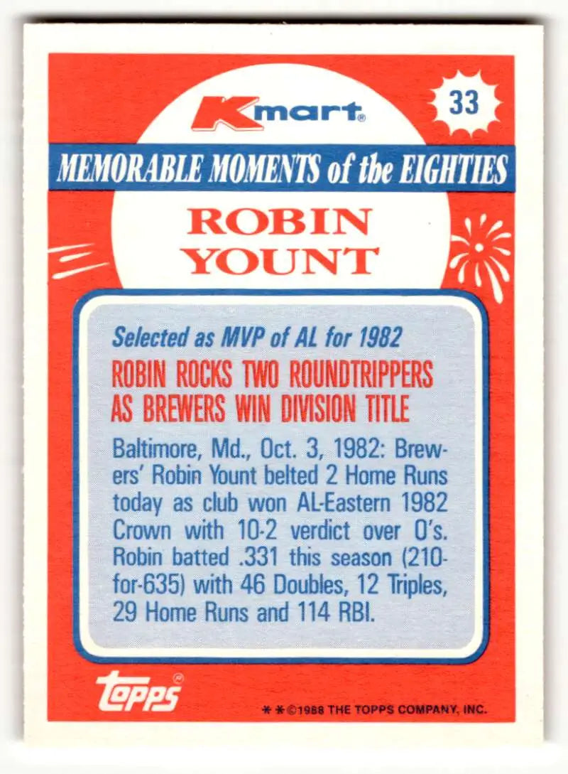 1988 Topps Kmart Memorable Moments #33 Robin Yount NM ID:50263 - Baseball Card Single