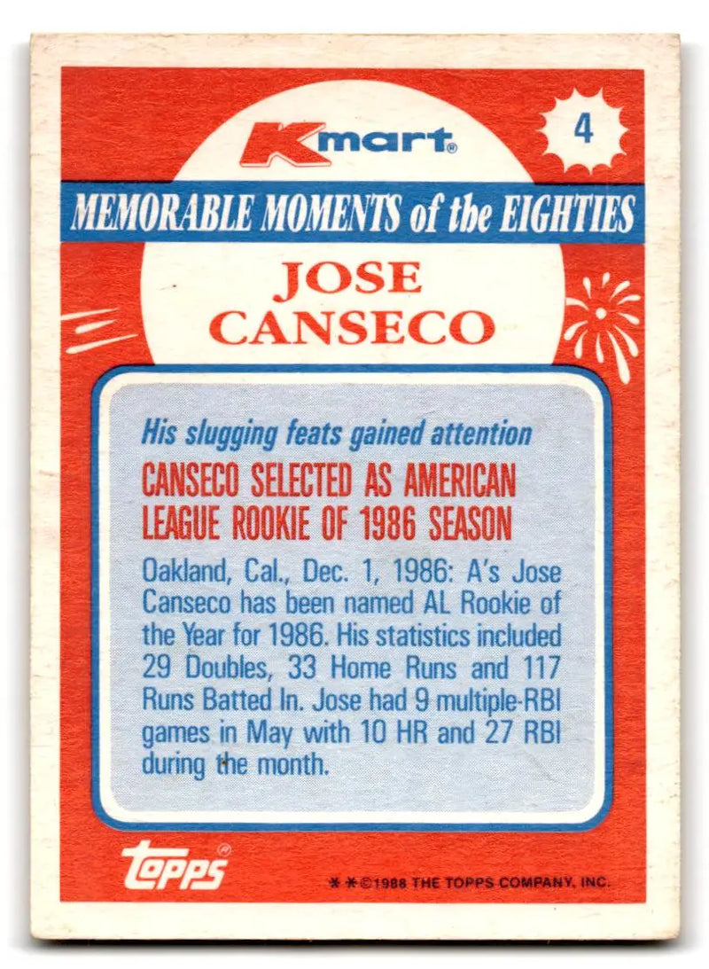 1988 Topps Kmart Memorable Moments #4 Jose Canseco - Baseball Card Single