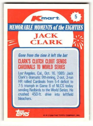 1988 Topps Kmart Memorable Moments #5 Jack Clark NM ID:50271 - Baseball Card Single
