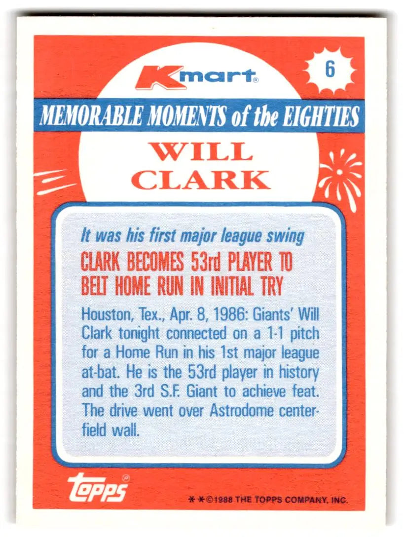 1988 Topps Kmart Memorable Moments #6 Will Clark - Baseball Card Single