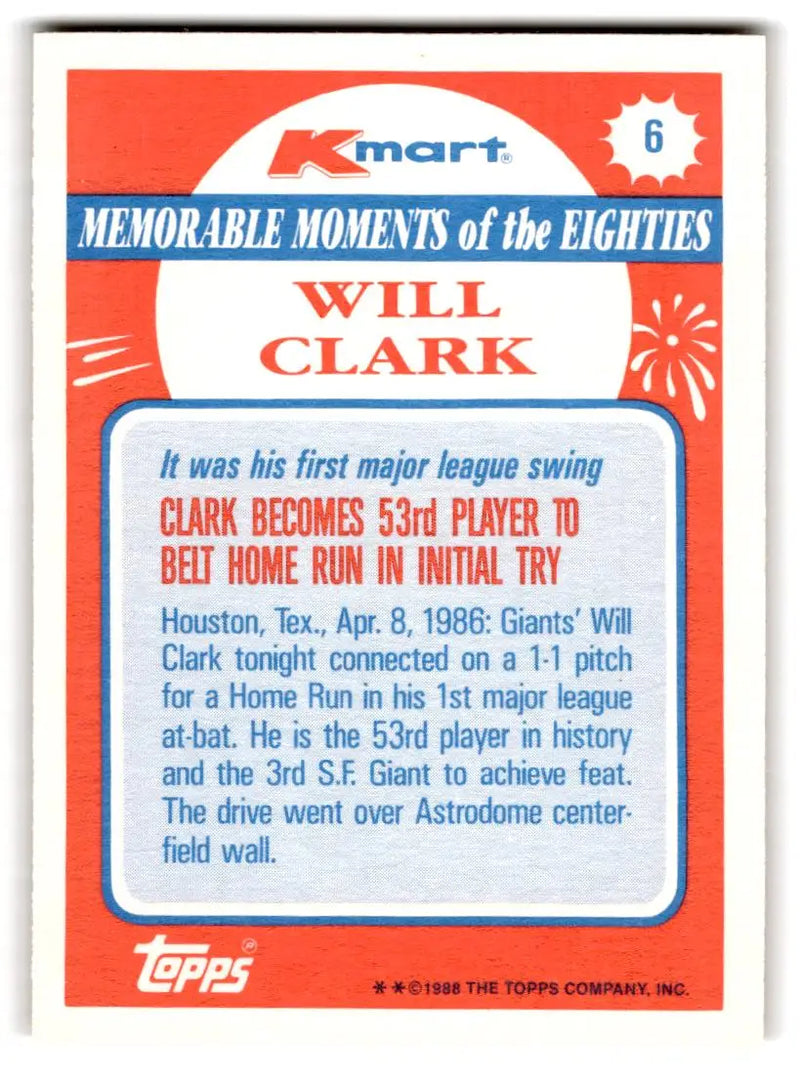 1988 Topps Kmart Memorable Moments #6 Will Clark - Baseball Card Single