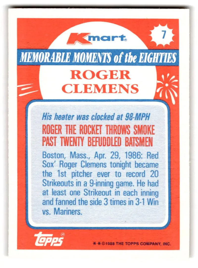 1988 Topps Kmart Memorable Moments #7 Roger Clemens - Baseball Card Single