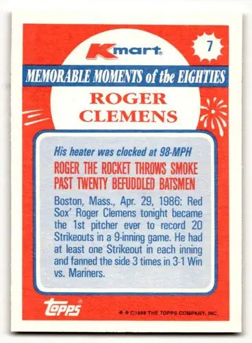 1988 Topps Kmart Memorable Moments #7 Roger Clemens Boston Red Sox B ID:63214 - Baseball Card Single