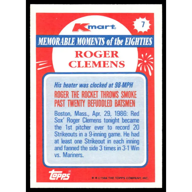 1988 Topps Kmart Memorable Moments #7 Roger Clemens EX/NM Boston Red Sox Baseball Card - Baseball Card Single