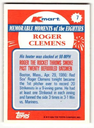1988 Topps Kmart Memorable Moments #7 Roger Clemens NM ID:50265 - Baseball Card Single