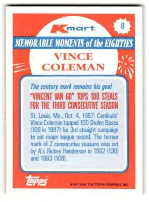 1988 Topps Kmart Memorable Moments #8 Vince Coleman