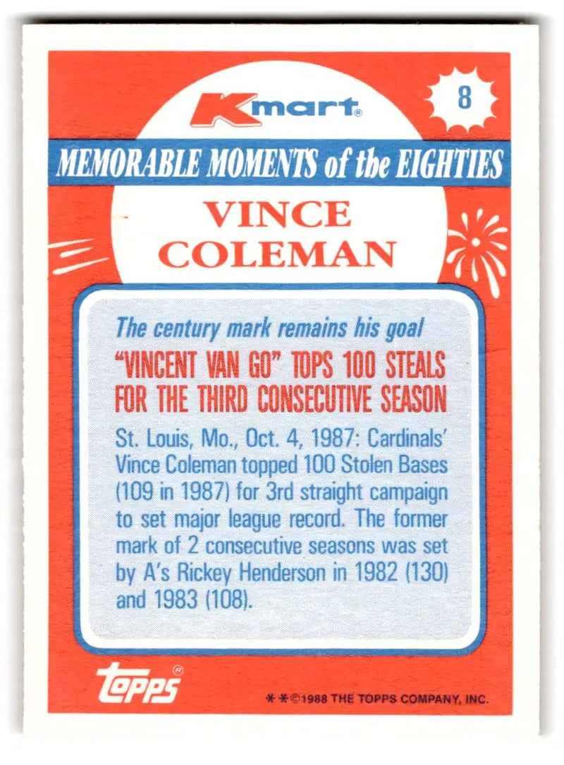 1988 Topps Kmart Memorable Moments #8 Vince Coleman - Baseball Card Single