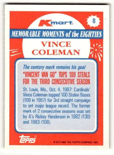 Vince Coleman baseball card from 1988 Topps Kmart Memorable Moments collection