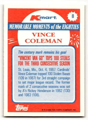 1988 Topps Kmart Memorable Moments Vince Coleman baseball card with original gloss