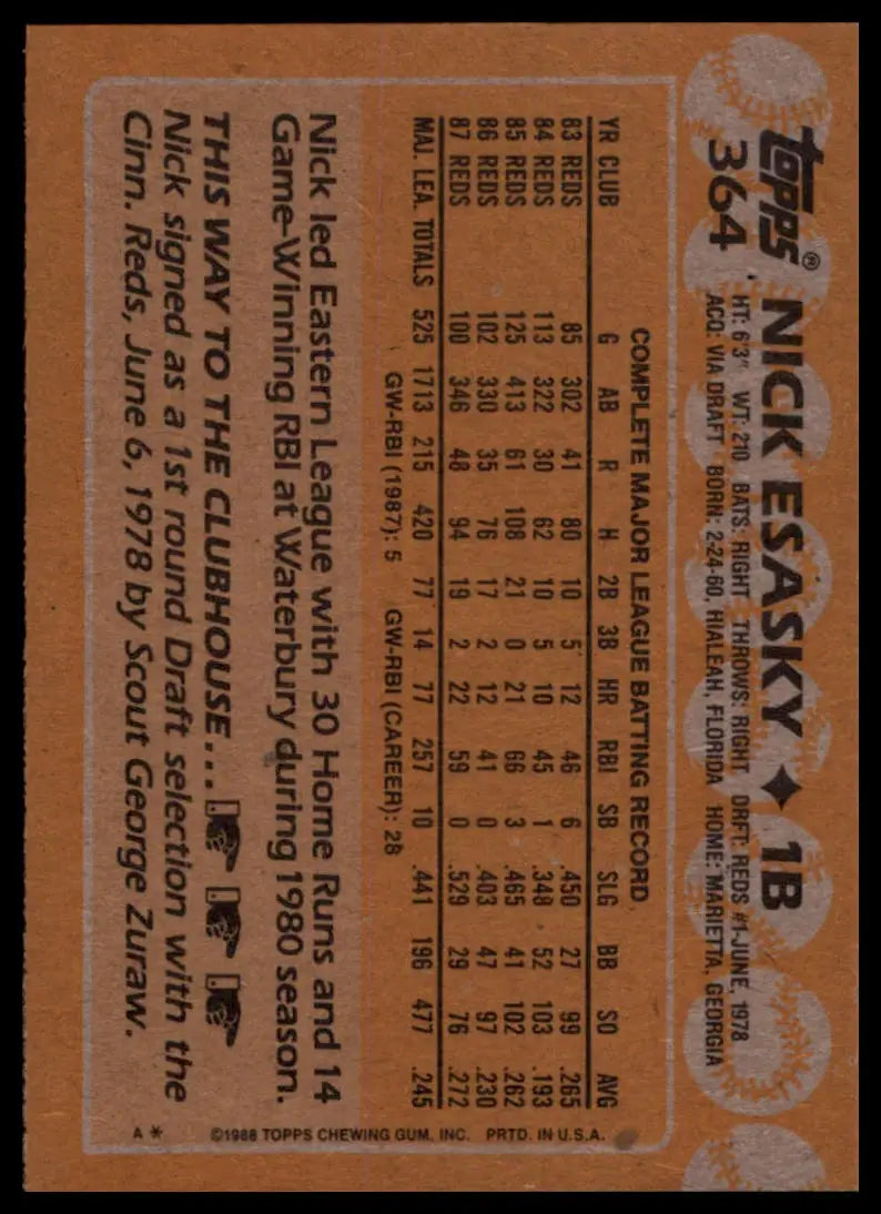 1988 Topps Nick Esasky 364 Cincinnati Reds NM - Baseball Card Single