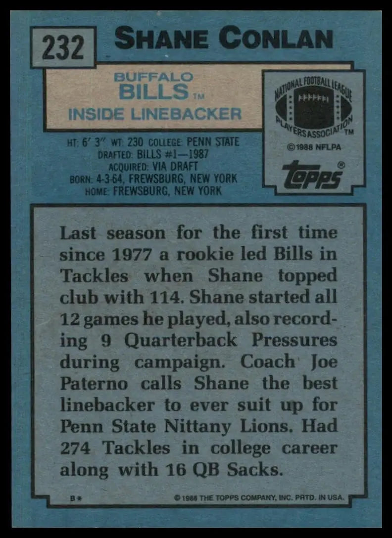 1988 Topps Shane Conlan #232 Rookie Buffalo Bills Football Card NFL Sports - Football Card Single