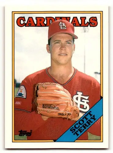 Baseball card of Scott Terry in Cardinals uniform from 1988 Topps Traded with original gloss