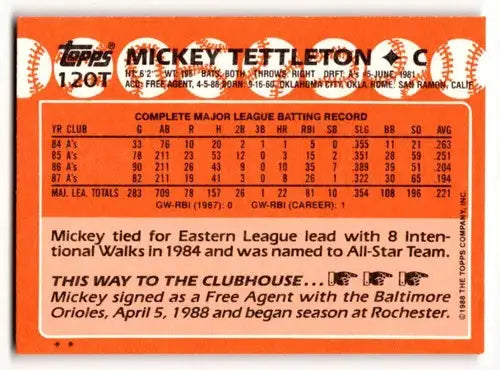 Original gloss 120t Mickey Tettleton Baltimore Orioles baseball card front view