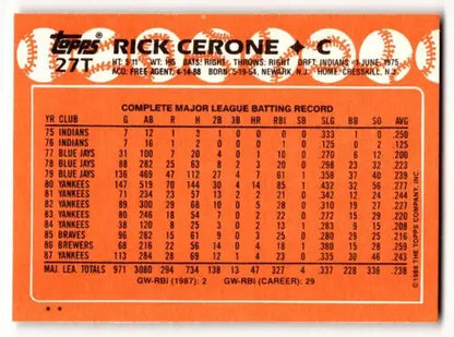Orange and white baseball card featuring Rick Cerone Boston Red Sox career stats