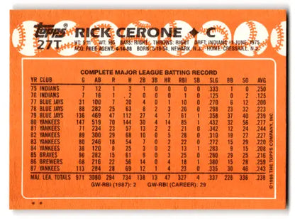 Original gloss 1988 Topps Traded Rick Cerone baseball card Red Sox ID 71841
