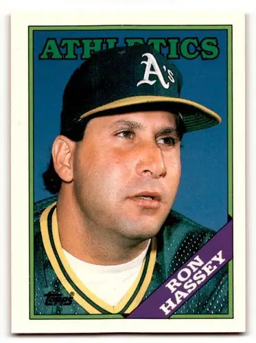 Baseball card of Ron Hassey in Oakland Athletics uniform from 1988 Topps Traded series