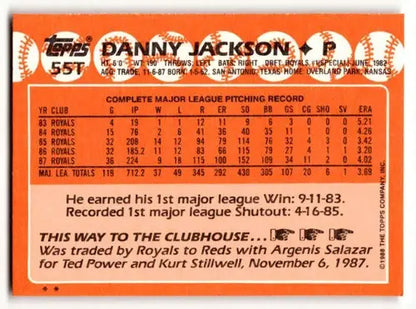 Back of 1988 Topps Traded 55T Danny Jackson Cincinnati Reds baseball card with original gloss