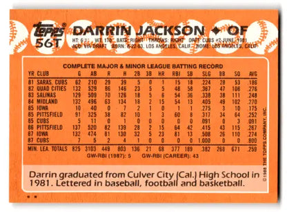 Original gloss 56T Darrin Jackson baseball card from 1988 Topps Traded Rookie Cubs