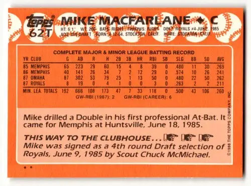 Vintage baseball trading card featuring original gloss 62T Mike Macfarlane Kansas Royals