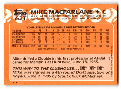 Back of a 1988 Topps Traded 62T Mike MacFarlane rookie baseball card with original gloss