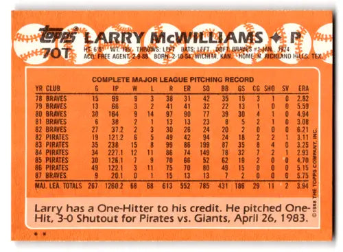 Back of a 1988 Topps Traded Larry McWilliams baseball card with pitching stats, original gloss