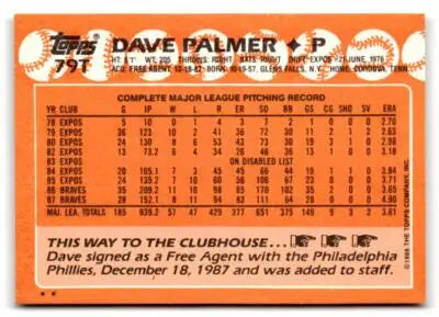 Back of an orange and white 1988 Topps Traded #79T David Palmer baseball card