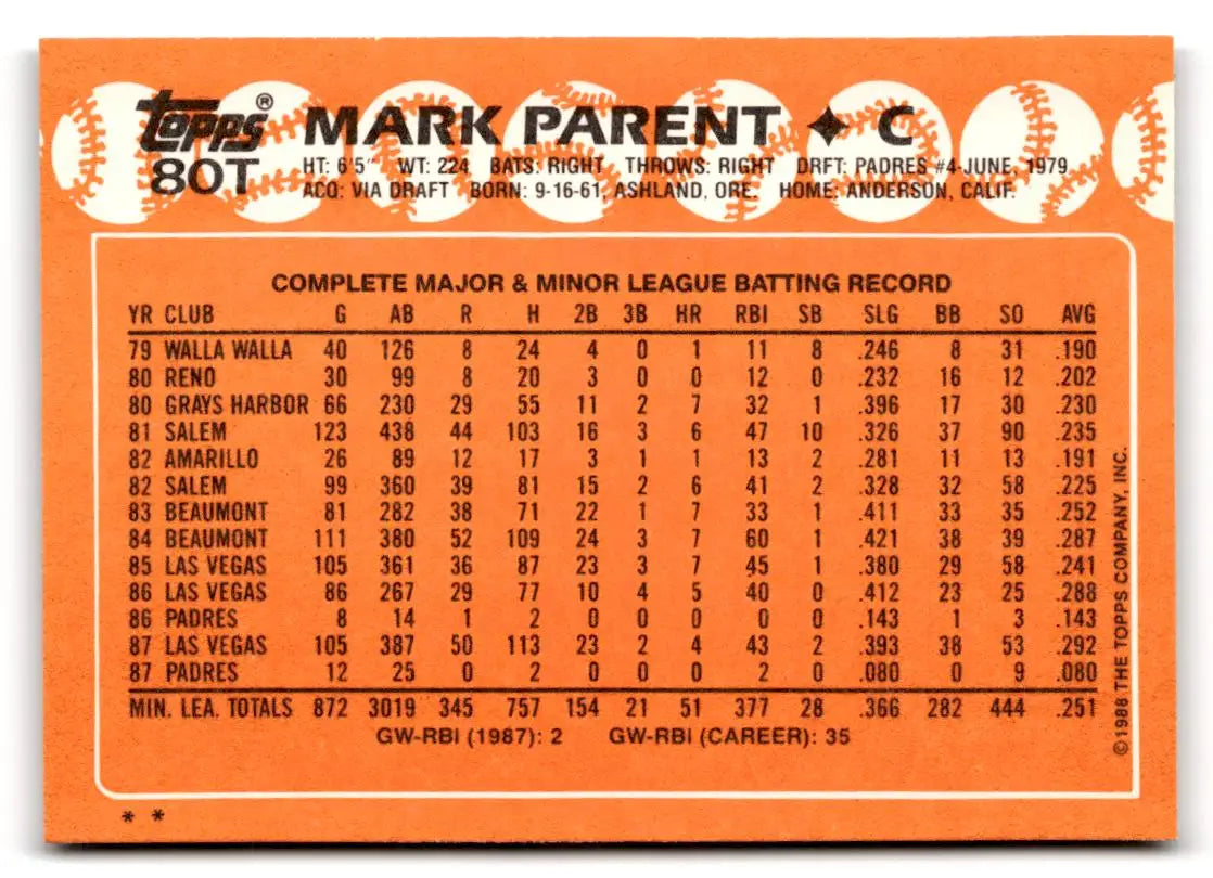 1988 Topps Traded #80T Mark Parent - Baseball Card Single