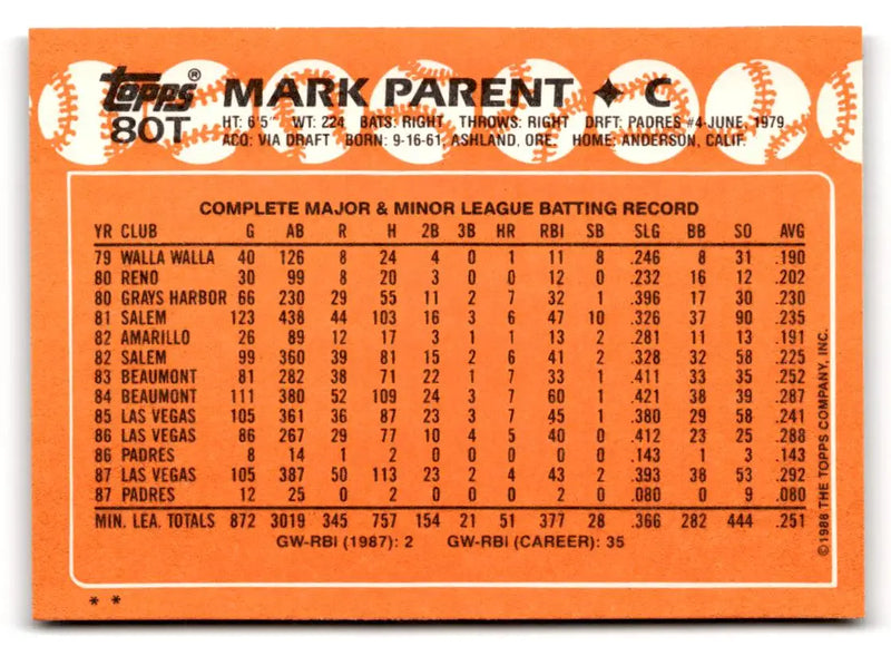 1988 Topps Traded #80T Mark Parent - Baseball Card Single