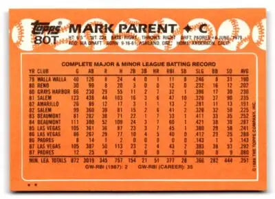Vintage 1988 Topps Traded Mark Parent baseball card with player statistics and 80T Mark Parent
