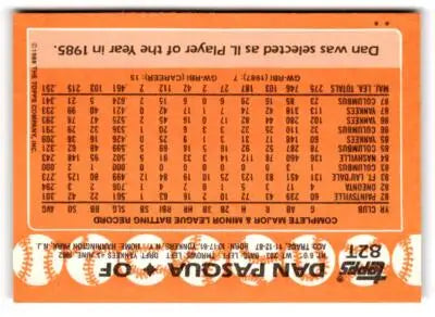 Reverse side of 1988 Topps Traded #82T Dan Pasqua baseball card for collectors