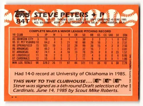 Vintage 1988 Topps Traded #84T Steve Peters Baseball Card with Pitching Stats