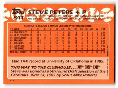 Vintage 1988 Topps Traded #84T Steve Peters Baseball Card with Pitching Stats