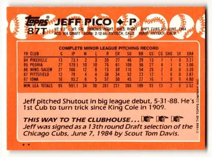 Original gloss of 87T Jeff Pico Chicago Cubs baseball card with pitching stats