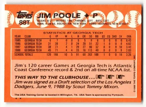 Original gloss 88t jim poole Jim Poole USA Baseball Card in 1988 Topps Traded set