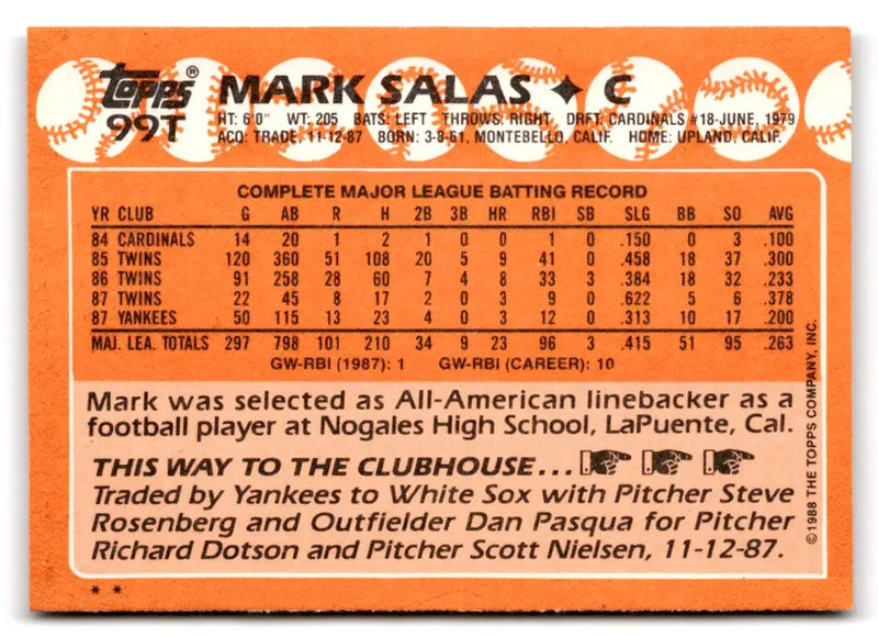 1988 Topps Traded #99T Mark Salas - Baseball Card Single