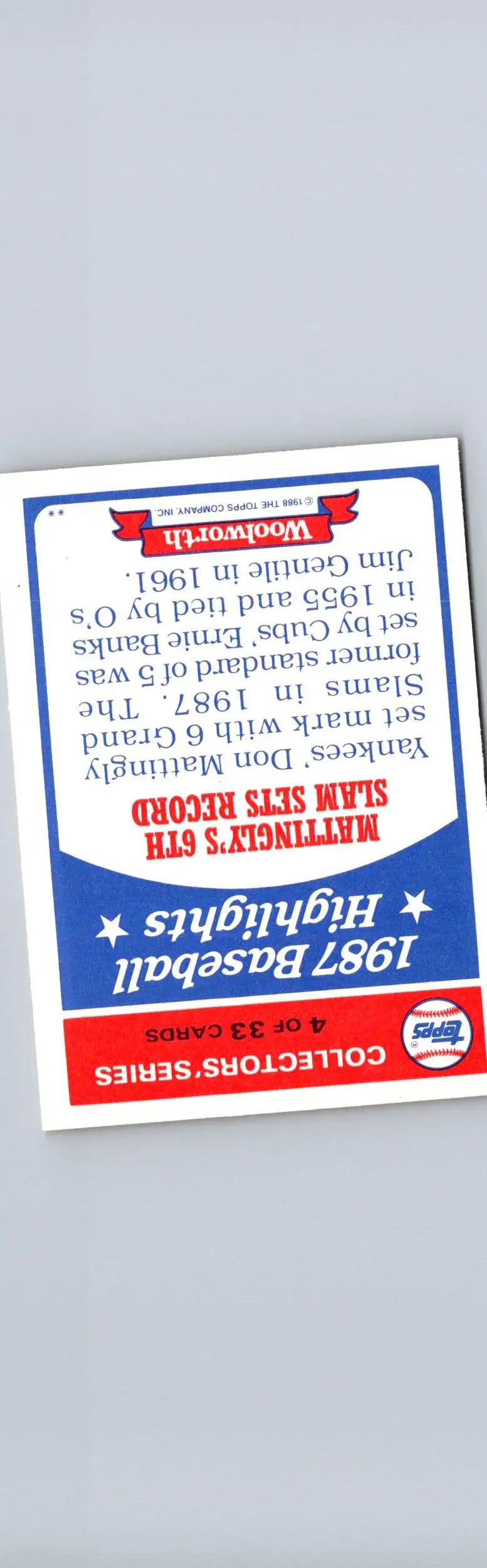 Back of 1988 Topps Woolworth Baseball Highlights Don Mattingly collector’s card