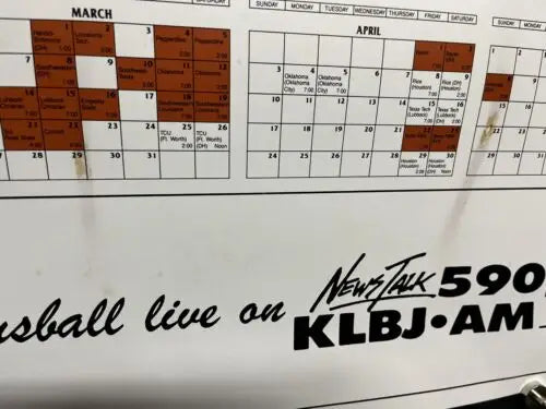 Baseball schedule calendar for 1988 University of Texas Longhorns poster Cliff Gustafson MLB