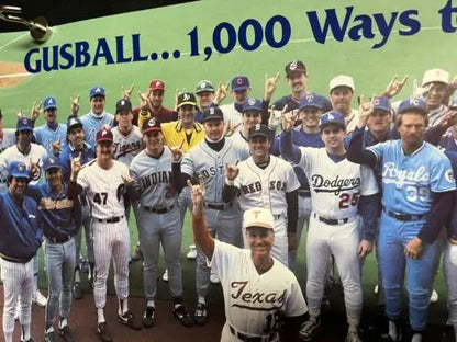Group of baseball players in uniforms on 1988 University of Texas Schedule Poster Cliff Gustafson MLB Alumni