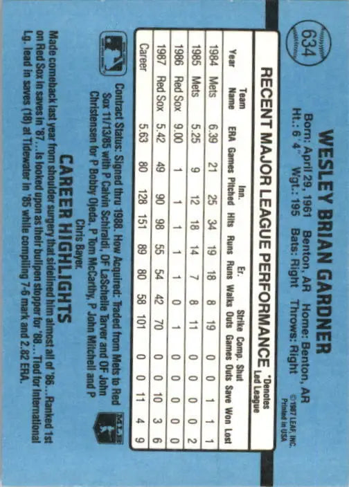 1988 Wes Gardner Donruss Baseball Card #634 - Baseball Card Single