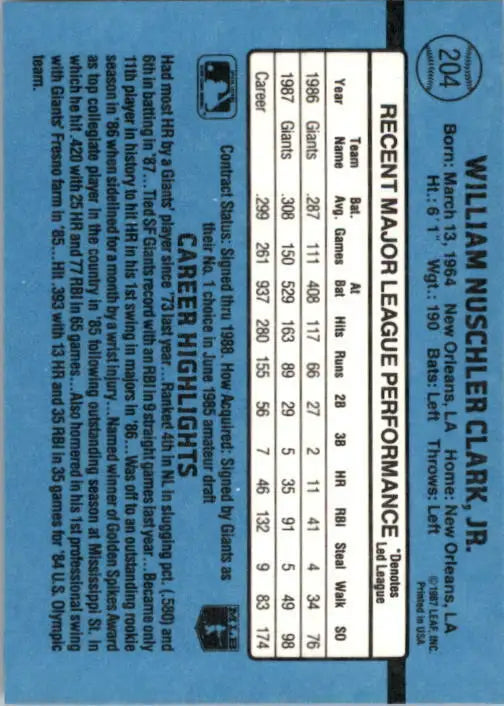 1988 Will Clark Donruss Baseball Card #204 - Baseball Card Single