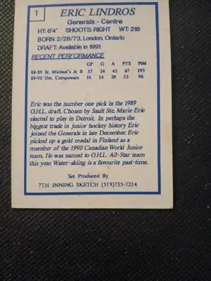1989-90 7th Inning Sketch OHL - Eric Lindros #1 (RC). NRMT+ - Hockey Card Single