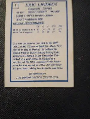 1989-90 7th Inning Sketch OHL - Eric Lindros #1 (RC). NRMT+ - Hockey Card Single