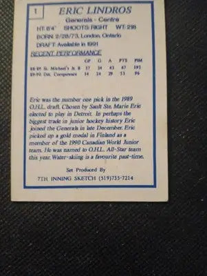1989-90 7th Inning Sketch OHL - Eric Lindros #1 (RC). NRMT+ - Hockey Card Single